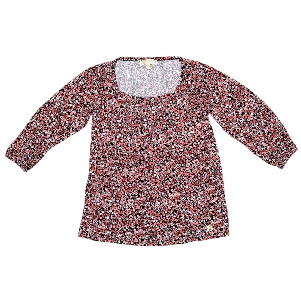 Michael Kors Boho Womens Floral Print 3/4 Sleeve Scoop Neck Smocked Top Blouse M